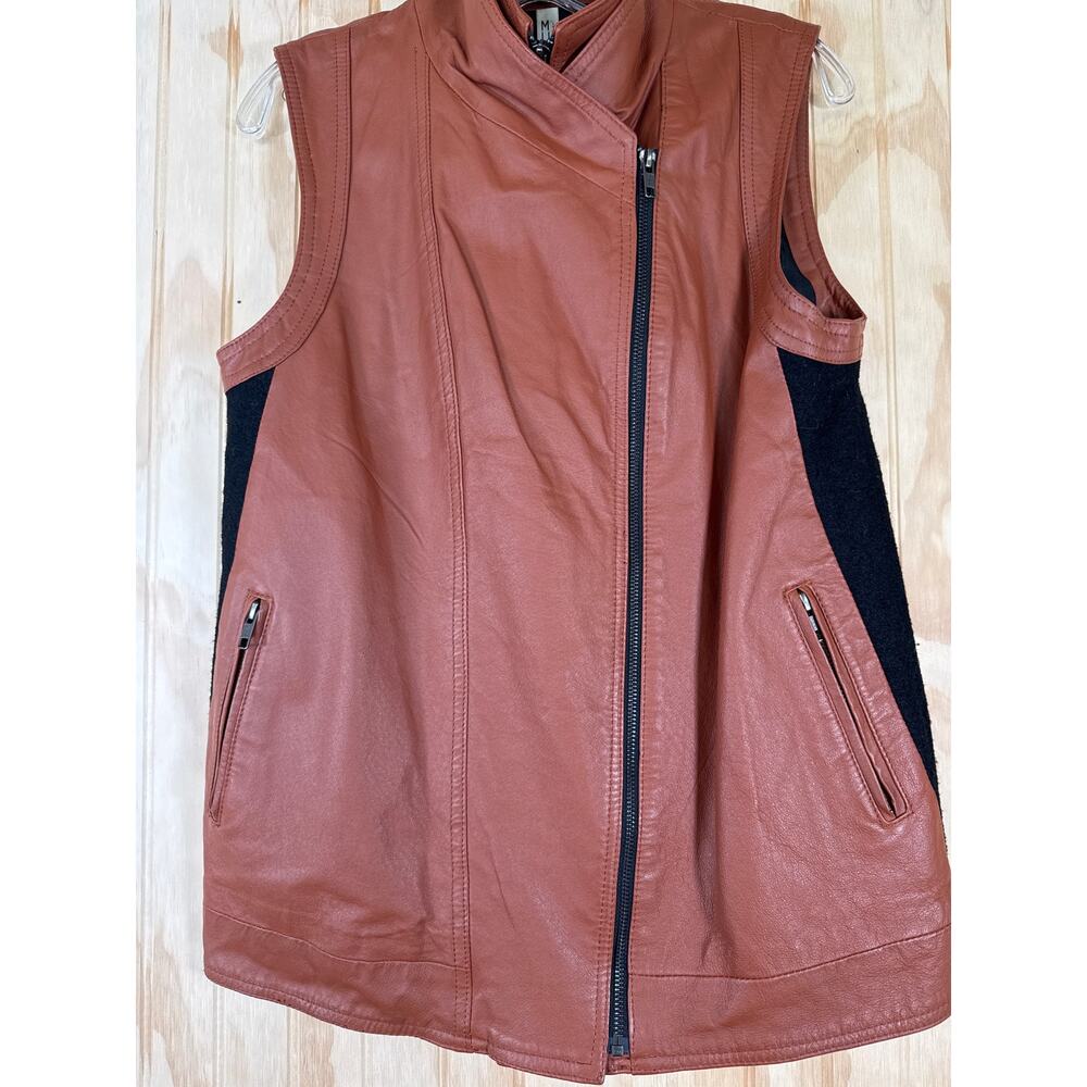 Mural Leather Moto Biker Vests Brown Black Zips Front Stretch Back Womens Medium - Picture 4 of 11